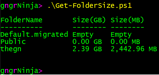 Get-FolderSize.ps1 output showing folder sizes for C:\users