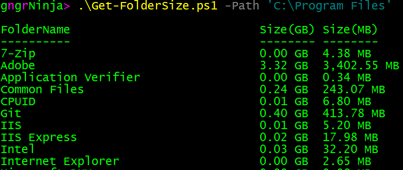 Get-FolderSize.ps1 -Path C:\Program Files showing sizes per subfolder